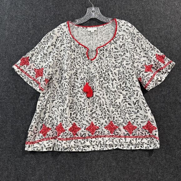 J. Jill Shirt Women's Large Petite White Black Red Embroidered Boho Peasant Top - Picture 1 of 7